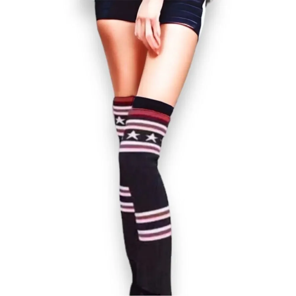 Black Red White Star Topper Tall Cotton Socks NEW